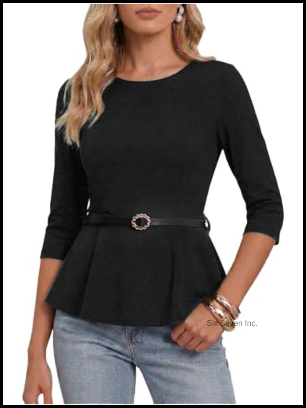 Peplum Blouse 3/4 Sleeve Belted Business Work Casual Top